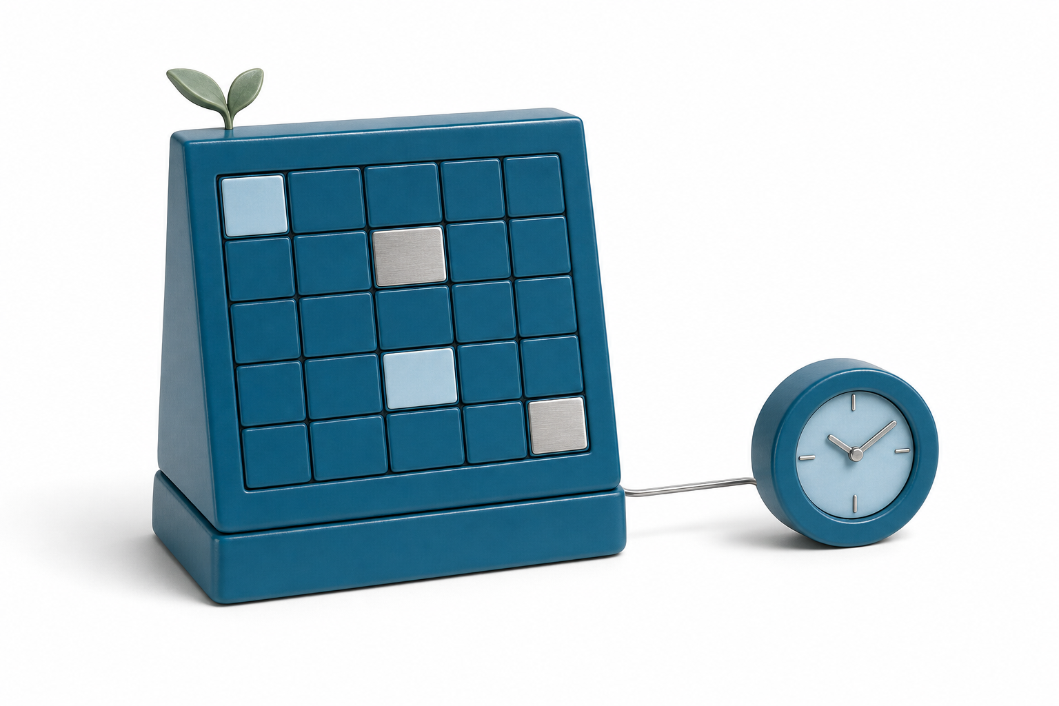 A glossy sea-blue 3D icon of a publishing calendar wired to a brand kit.