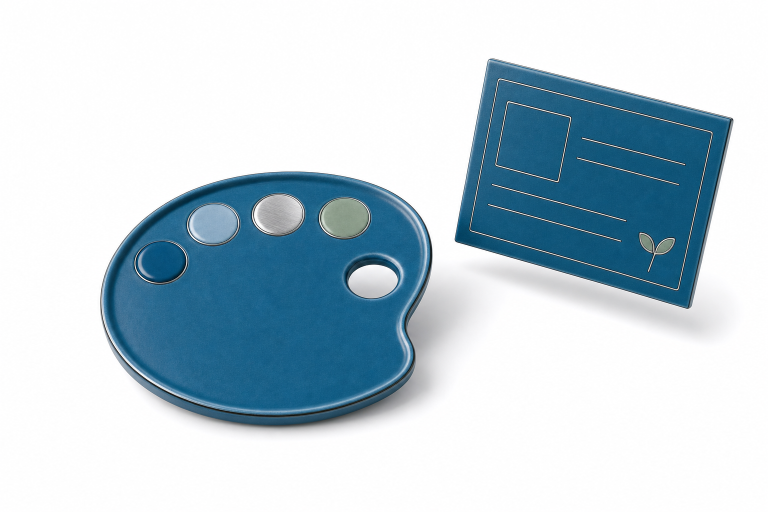 A glossy sea-blue 3D icon of a designer palette and template swatches.