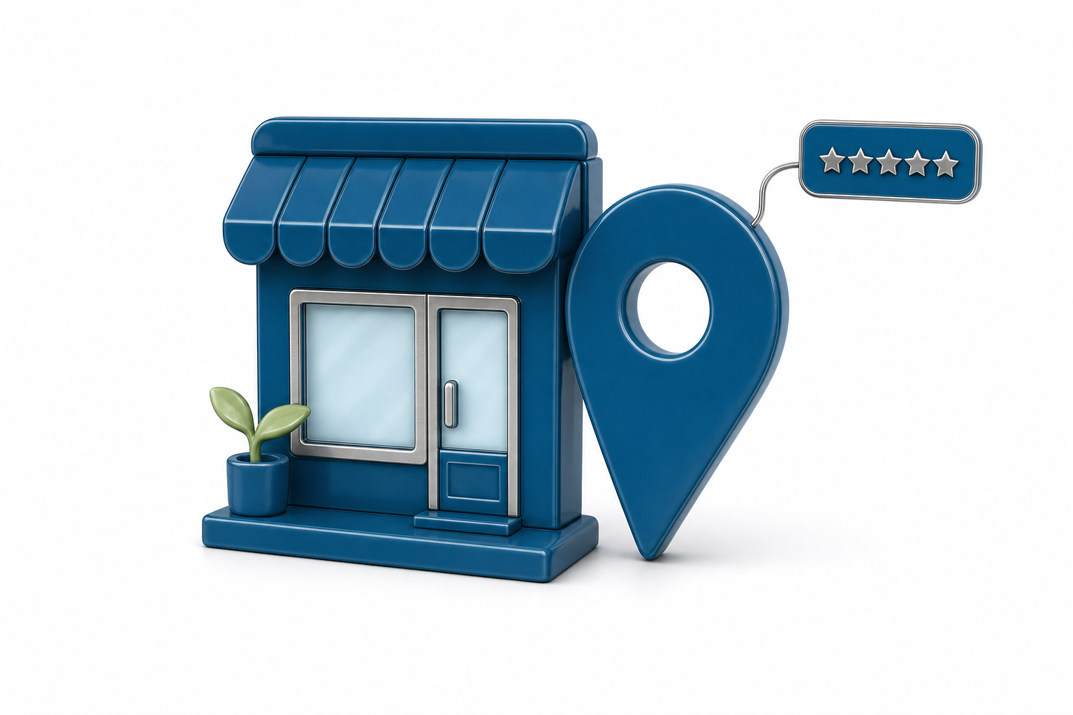 A glossy sea-blue 3D icon of a storefront beside a location pin and a five-star rating tag.