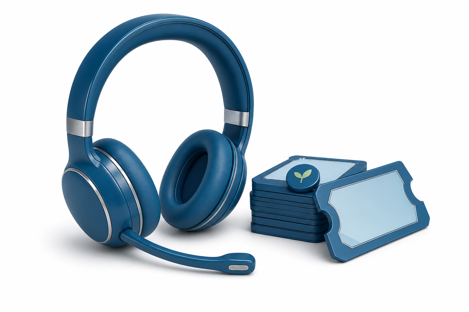 A glossy sea-blue 3D icon of a support headset beside a ticket queue.